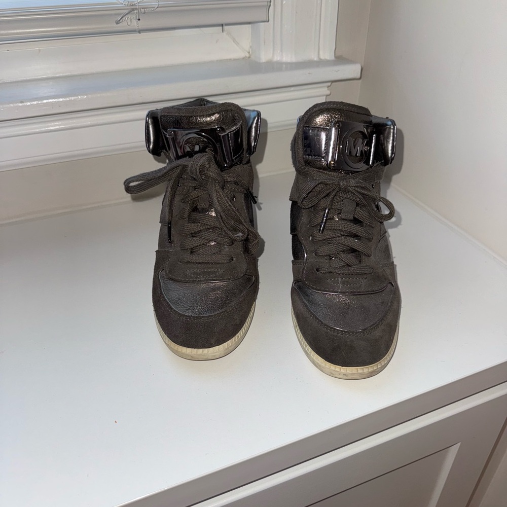 Michael Kors Metallic Gray High-Top Wedge Sneakers